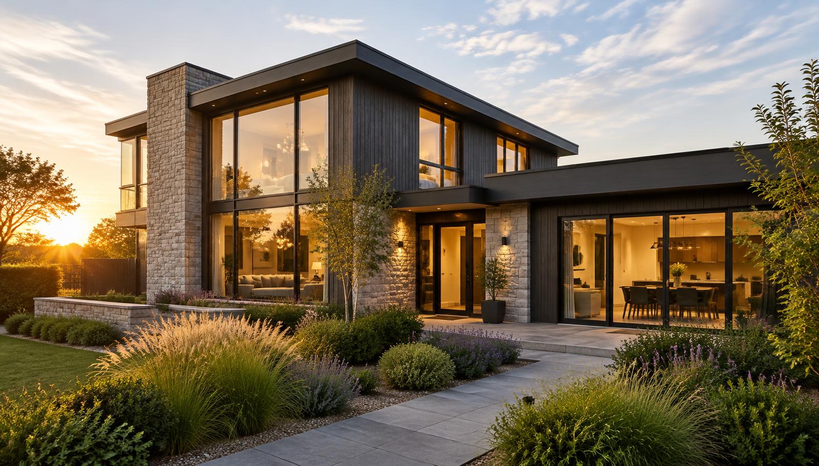 Modern two-storey home with floor-to-ceiling windows glowing at dusk